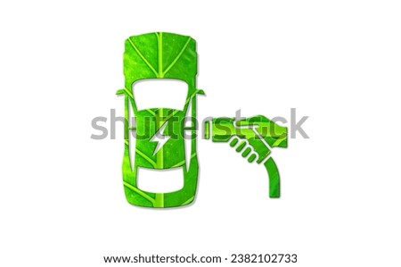 Car icon of green leaves on white background, Green energy eco friendly icon of battery car, environment concept.