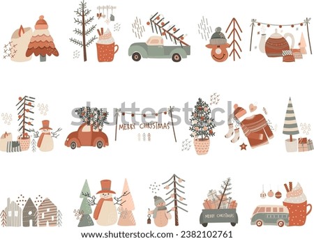 Collection of vector winter illustrations in flat style, cozy Christmas funny set of pre-made scenes, hand drawn vector illustration
