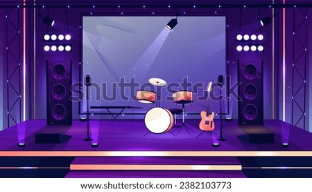 Music concert scene for performers and musicians. Vector stage with drums kit and microphones, loudspeakers and lights, acoustic guitar. Festival or live show location with instruments