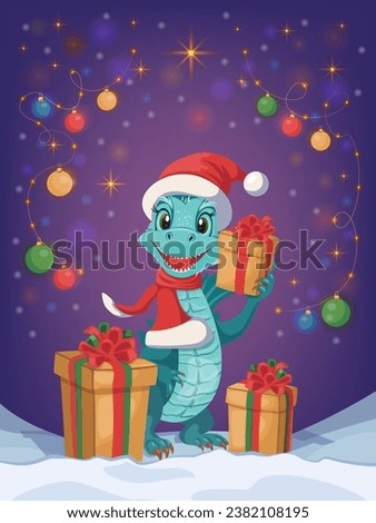 Happy Chinese new year 2024, greeting card with cute cartoon dragon. The year of dragon. Zodiac cartoon character. Cute Dinosaur with presents in holiday atmosphere. Vector illustration.