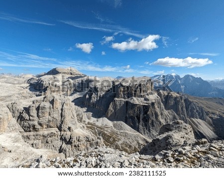 Beautiful landscape of Italian dolomites-with mountain meadows,lakes and rocky and sharp mountain tops,Dolomite Alps mountains, Canazei,Piz Boe ,Trentino Alto Adige region, Sudtirol, Dolomites, Italy