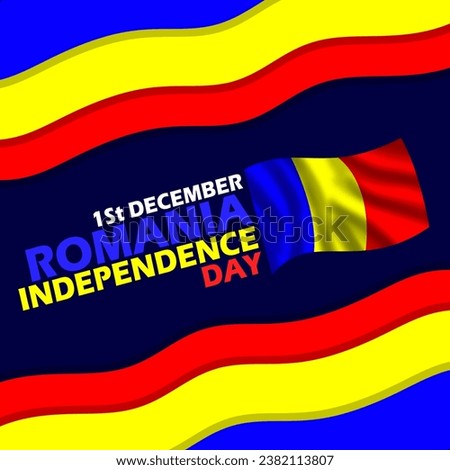 Romanian flying flag with bold text and ribbons with wavy frame on dark blue background to commemorate Romania Independence Day on December 1