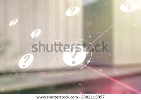 Double exposure of abstract virtual question mark hologram on modern business center exterior background. Sociology and psychology concept