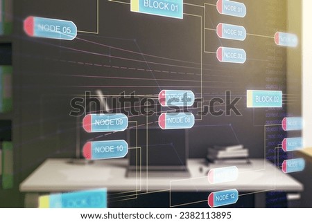 Abstract creative coding illustration and modern desktop with pc on background, software development concept. Multiexposure