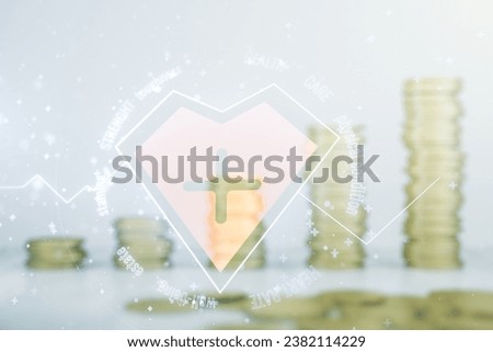 Abstract virtual heart pulse hologram on coins background, online medical consulting concept. Multiexposure