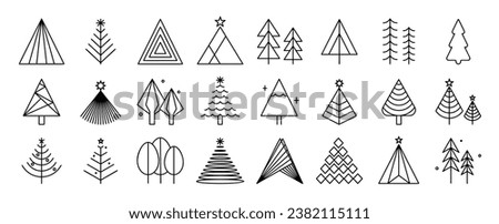 Set of trees linear vector icon. Geometric tree shape, plants, pine, nature and ecology related vector symbol hand drawn contour collection. Line art illustration design for logo, sticker, christmas.