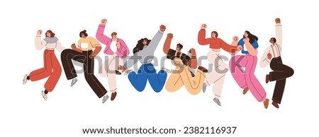 Happy people group celebrating holiday, success with fun and joy. Smiling characters team jumping up together. Victory and triumph expression. Flat vector illustration isolated on white background Royalty-Free Stock Photo #2382116937
