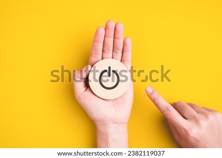 Power button icon on wooden block, Stop system for new start up business, Online business start up, Strategy and action plan, Business development