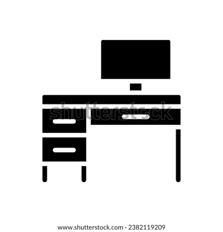 Writing table black glyph icon. Home office. Desk with computer. Modern contemporary home furniture store. Workstation. Silhouette symbol on white space. Solid pictogram. Vector isolated illustration Royalty-Free Stock Photo #2382119209
