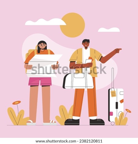 Diversity Tourists and travelers characters, people travel, excursion trip. Man and woman group with backpacks, luggage, map traveling abroad, Line art flat vector illustration, set.