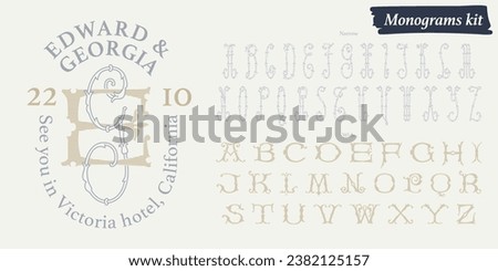 Marriage monograms for bride and groom names. Logo creator alphabet kit. Wide and Narrow capitals. Initials with thin swirled lines and lush foliage patterns. Perfect for wedding, birthday invitation. Royalty-Free Stock Photo #2382125157