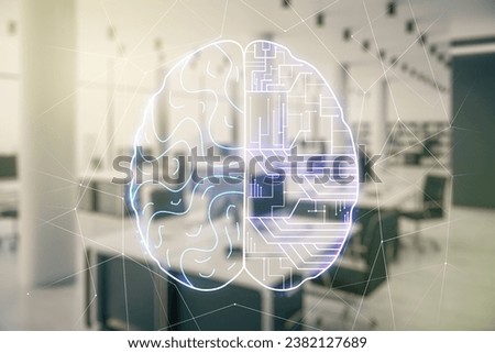 Double exposure of creative human brain microcircuit hologram on a modern furnished office interior background. Future technology and AI concept