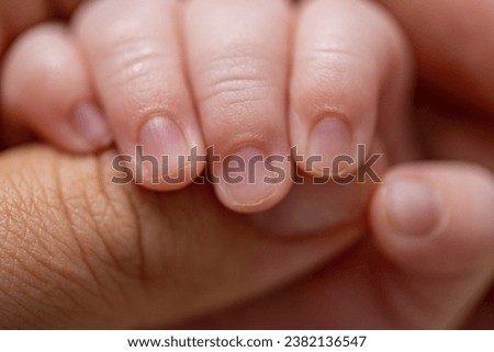 Macro shot of an infant's hand holding his mother's fingers. Beautiful picture of a baby palm squeezing her mother's finger. Family and parenthood concept. 