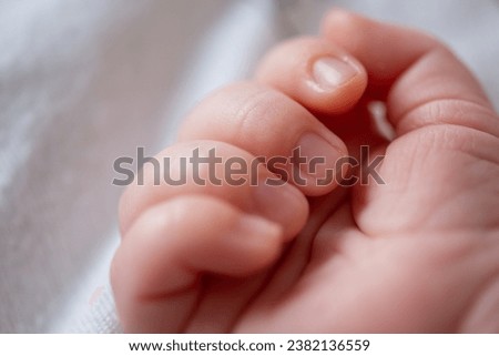 Macro shot of an infant's healthy hand while he is sleeping. Beautiful picture of a caucasian baby palm. Family and parenthood concept. 