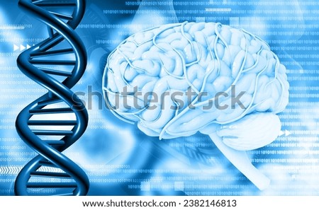 Human DNA with brain anatomy on scientific background. 3d illustration	