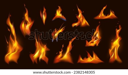Fire burning, isolated flames effect with tongues and sparks. Vector realistic ignition and flaming effect, blowing wind on fiery lightning or hot light in motion, bonfire or blaze