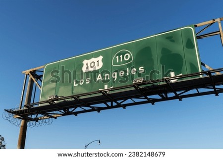 Los Angeles route 101 and 110 overhead freeway sign in Southern California.