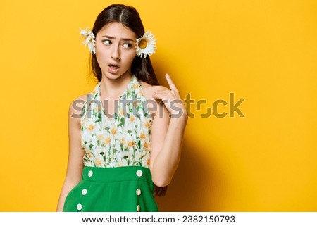 woman fashion style yellow beautiful green flower camomile young happy stylish