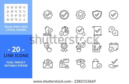 Line icons about checkmark. Contains such icons as checked, approved, certified, accepted and validation. Editable stroke. Vector - 64 pixel perfect grid Royalty-Free Stock Photo #2382153669