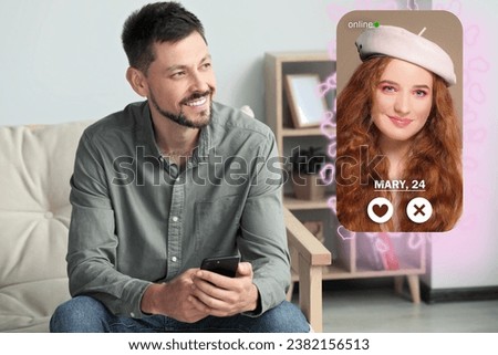 Smiling man looking for partner via dating site indoors. Profile photo of woman, information and icons