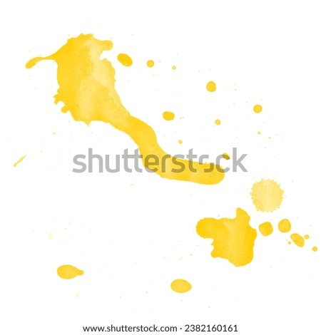 Yellow liquid splashes, swirl and waves with scatter drops. Royalty high-quality free stock of paint, oil or ink splashing dynamic motion, design elements for advertising isolated on white background