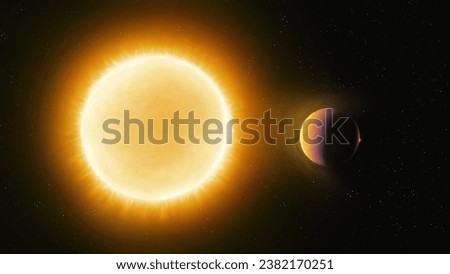 Sun-like star with a planet. An exoplanet approached the sun. Terrestrial planet in orbit around a yellow dwarf. Royalty-Free Stock Photo #2382170251