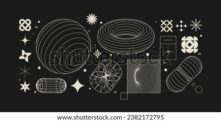 Vector graphic assets set in acid style, retro futuristic background with wireframe elements of different forms, bold modern shapes for design template, poster, banner, clothes, stickers in Y2k style Royalty-Free Stock Photo #2382172795
