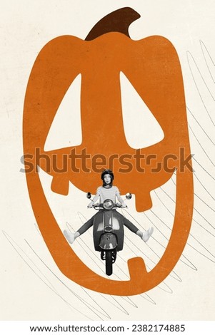 Collage greeting picture of funky girl driving scooter escaping angry vampire huge pumpkin isolated on painted background
