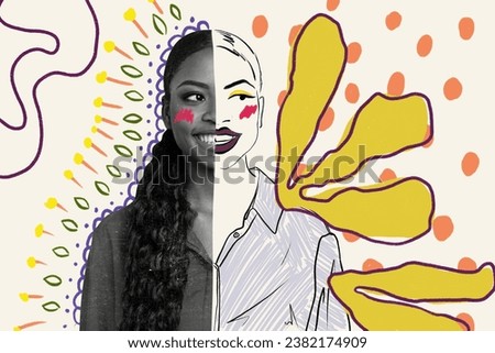Artwork magazine collage picture of smiling beautiful lady half painting face isolated drawing background