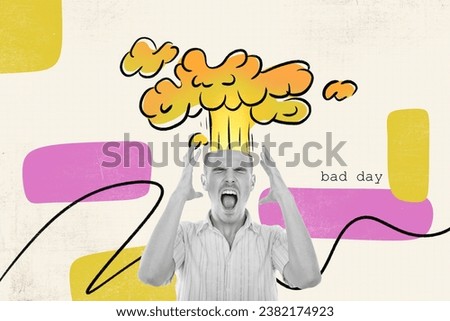 Creative pop illustration sketch collage of funny young guy brains explosion head boom bad day irritated guy isolated on beige background