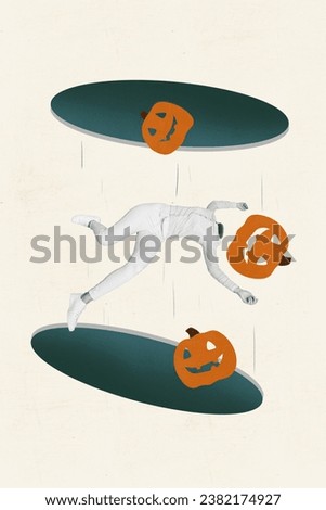 Photo cartoon comics sketch collage picture of funky person halloween pumpkin instead head falling hole isolated creative background