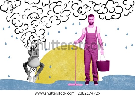 Composite artwork creative 3d photo collage of cleaner man try support sad woman sit on chair crying isolated on drawing background