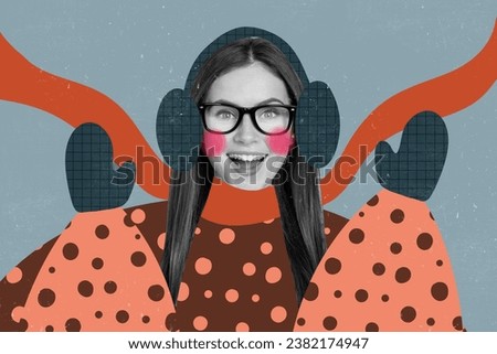 Creative composite photo collage of positive festive girl wear warm clothes celebrate christmas holiday isolated on painted background