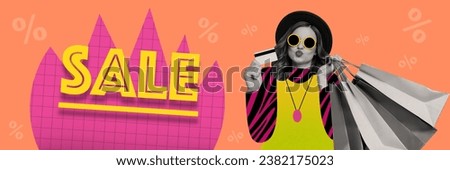 Panorama creative composite photo collage of cool funky fancy girl hold shopping bags pay by credit card isolated painted background