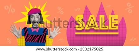 Creative horizontal collage advertisement discounts proposition crazy toy woman face open mouth scream sale isolated on orange background