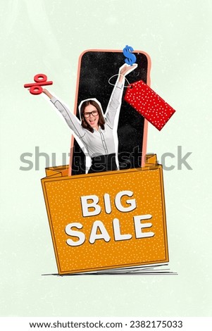 Vertical creative composite photo collage of happy girl hold discount price tag buy smartphone on big sale isolated drawing background
