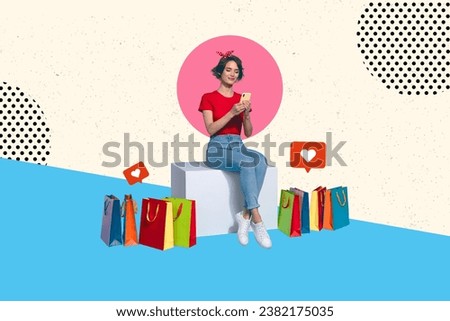 Modern photography collage of funny beautiful girl customer make order online boutique isolated on drawing background