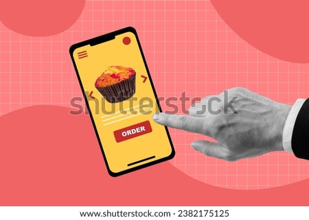 Creative picture collage advertisement of smartphone touchscreen click order online cafeteria sweet muffin isolated on red plaid background