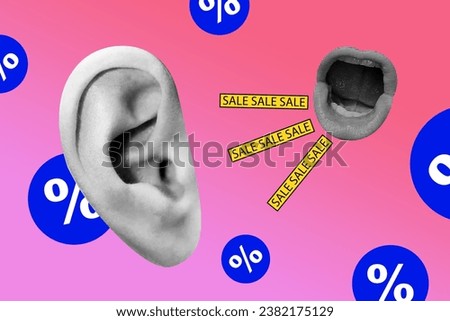 Photo metaphor collage of absurd mouth screaming loud voice listen huge ear information big sale promotion isolated on pink background Royalty-Free Stock Photo #2382175129