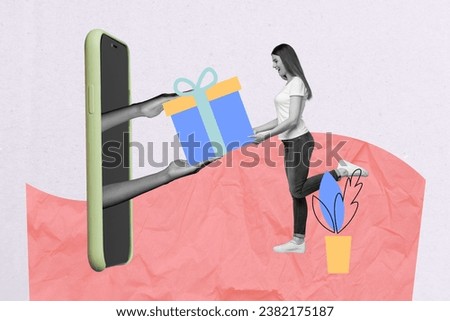 3d collage image of black white arms big smart phone display give deliver mini girl giftbox isolated on paper background