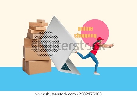 3D collage modern photography image of cheerful girl hurry carry post order shopping online concept