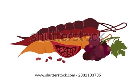 Three types of Fruit churchkhela.National Georgian sweet candy.Delicious traditional Caucasian dessert with juice of grape,pomegranate cherry isolated on white background.Colorful vector illustration Royalty-Free Stock Photo #2382183735