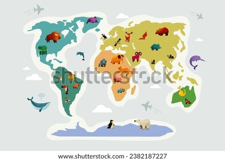 Picture image collage of all continents of earth wild animal species and marine life isolated on drawing background