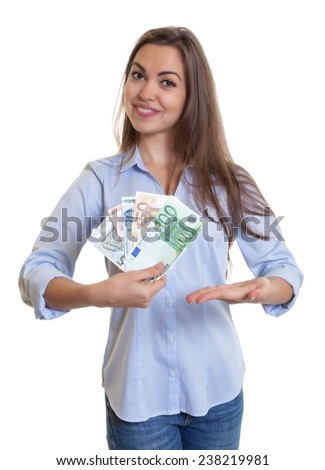 Woman with long brown hair shows money
