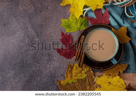 Ceramic blue cup with cocoa, hot chocolate on a saucer, on a colored blanket or scarf, multi-colored, bright leaves, top view. Autumn composition with foliage, horizontal, free space.