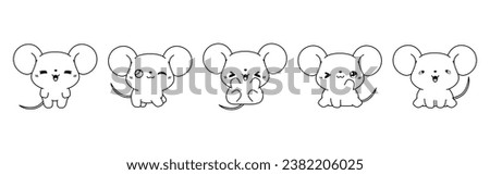 Collection of Vector Cartoon Baby Mouse Coloring Page. Set of Kawaii Isolated Rat Outline for Stickers, Baby Shower, Coloring Book, Prints for Clothes. 