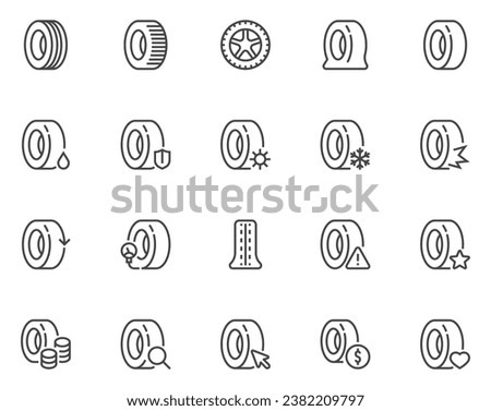 Set of vector line icons related to tires and wheels. Car service, flat tire. Studded tire, winter, summer, all-season tire. Editable stroke. Pixel perfect. Royalty-Free Stock Photo #2382209797