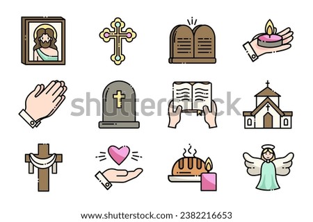 Christian icons set in flat cartoon design. World of Christian faith with this cartoon-style icon set and illustration showcase key elements. Vector illustration.