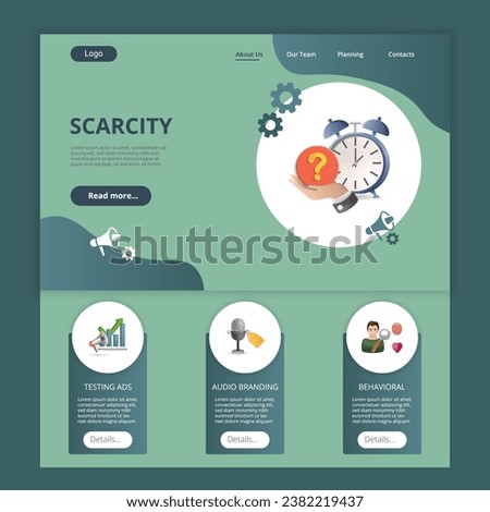 Scarcity flat landing page website template. Testing ads, audio branding, behavioral. Web banner with header, content and footer. Vector illustration.