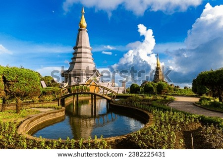 Beautiful landscape aerial view of Doi Inthanon in evening time with blue sky background buddhist stupa landmark tourism at Chiang Mai of north Thailand. Royalty-Free Stock Photo #2382225431